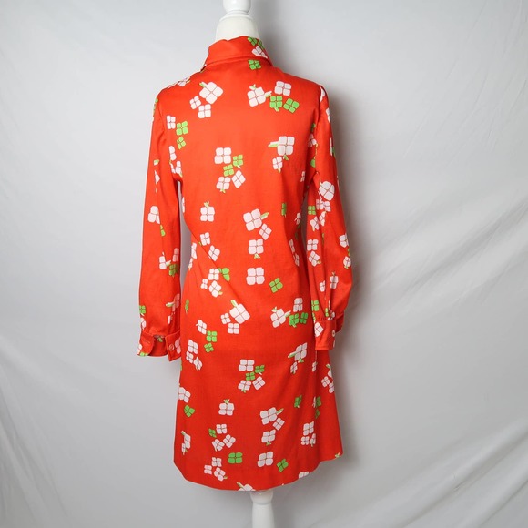 Vintage 70s red orange and white groovy floral mini shirt dress S - Picture 4 of 6